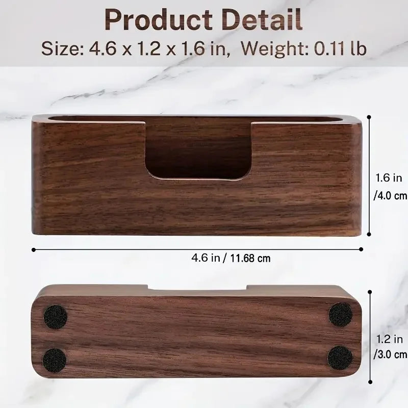 Dark brown natural wood business card holder with minimalist design and anti-slip feet.
