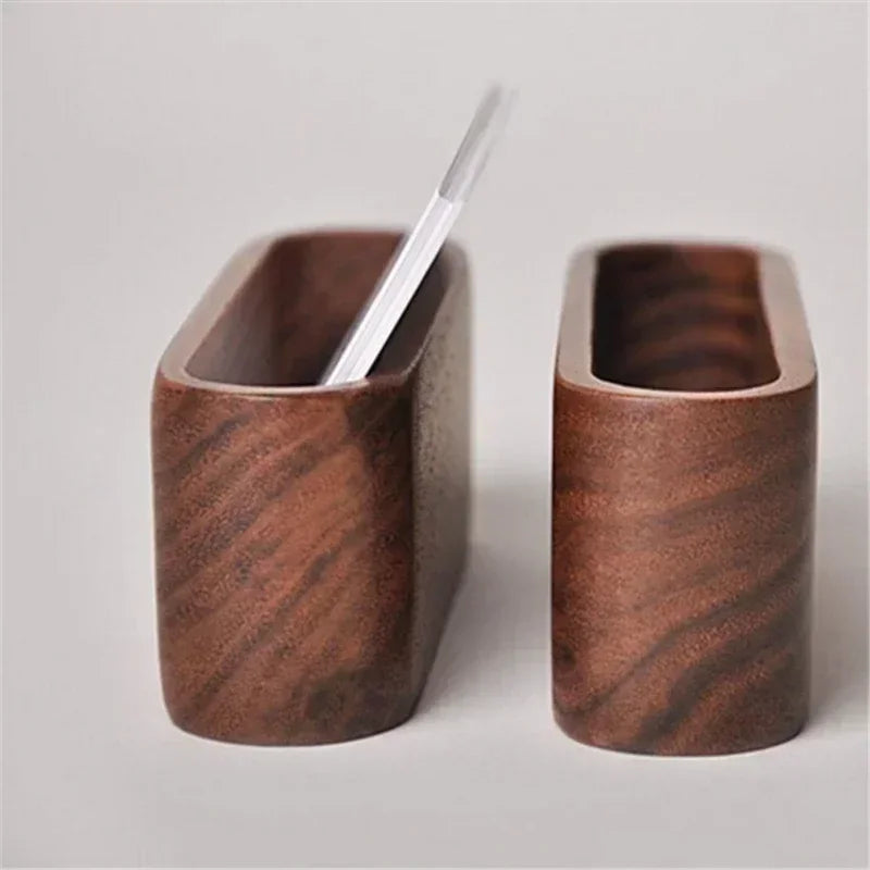 Minimalist dark wood desk organizer for business cards and notes, featuring a sleek, rectangular design.