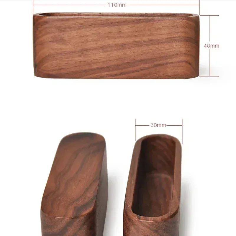 Minimalist dark brown natural wood desk organizer for business cards and notes, with dimensions.