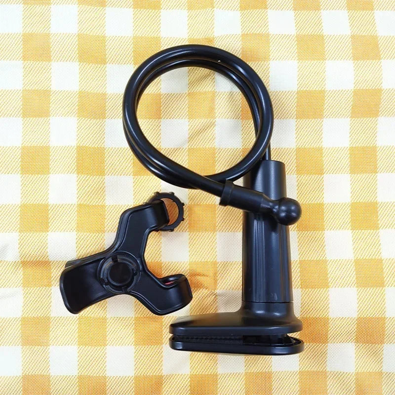 Black flexible long-arm baby monitor holder with clamp, made of aluminum alloy and ABS plastic.