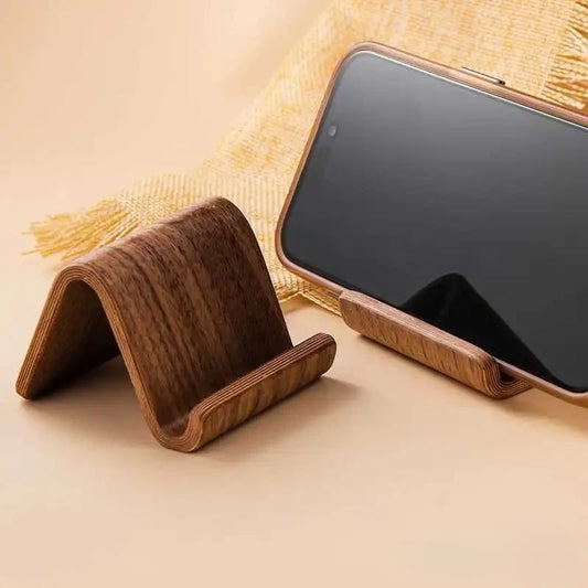 Walnut wood phone stand and business card holder with a minimalist, natural design.