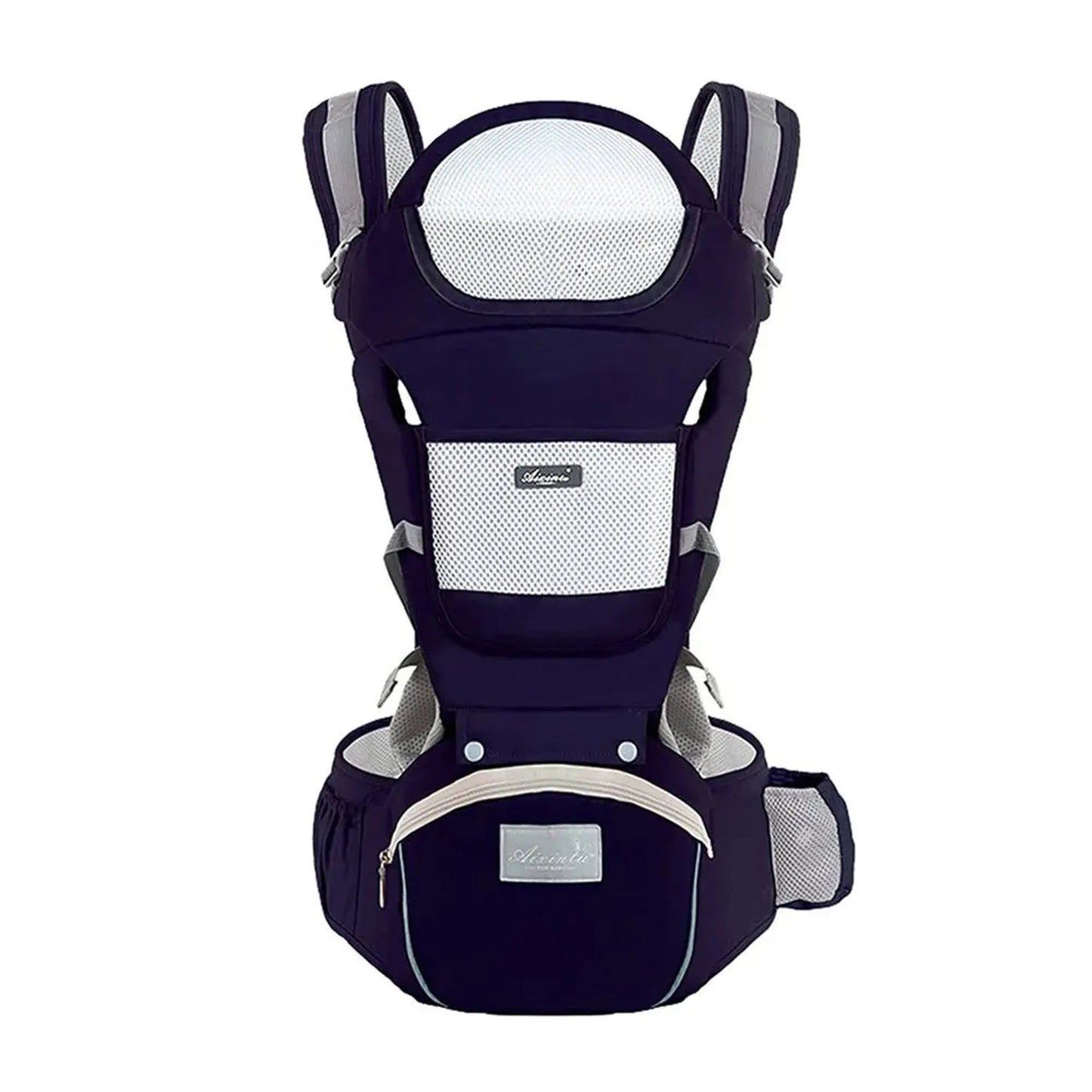 Navy ergonomic baby carrier with breathable mesh, padded straps, and a zippered waist pouch.