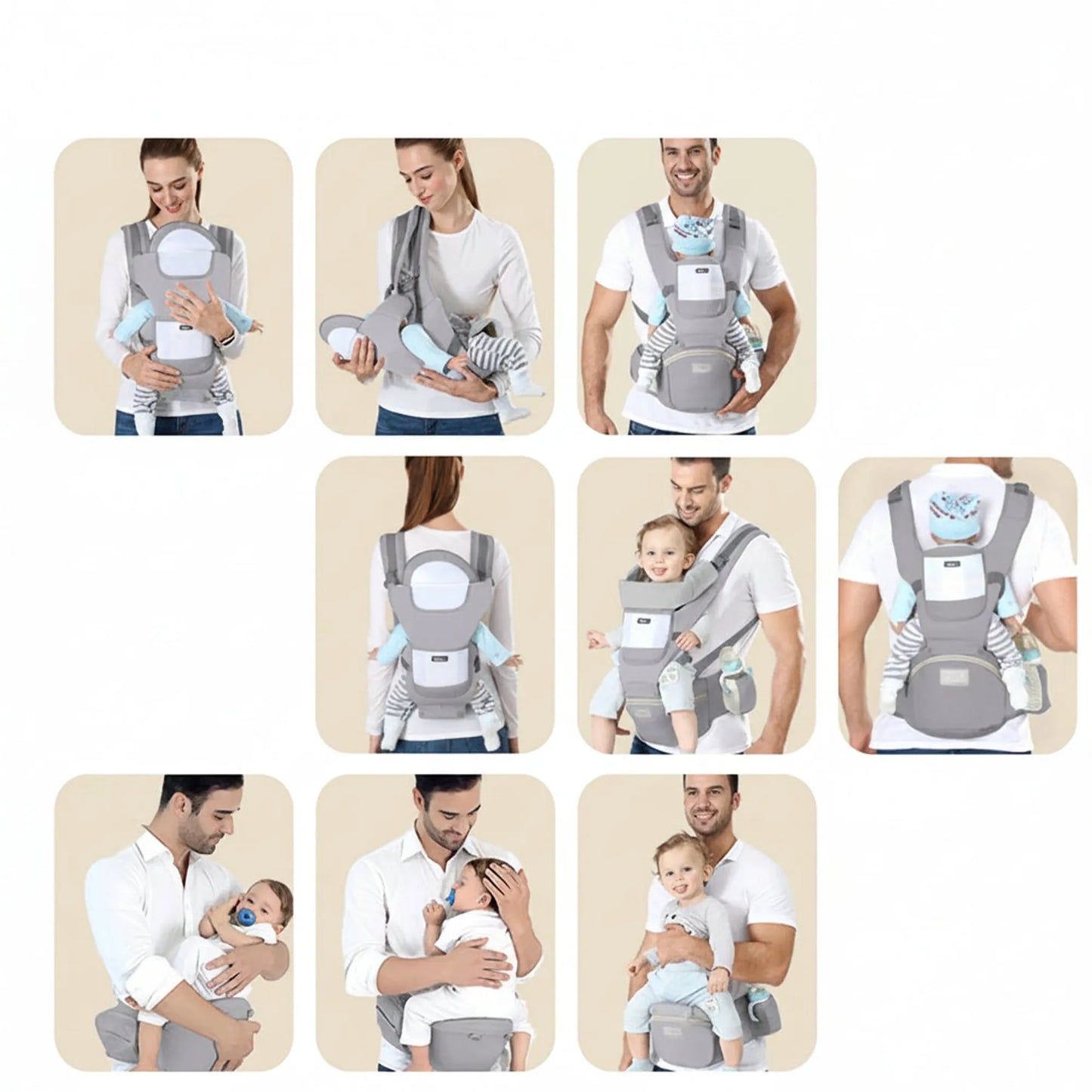 Gray ergonomic multi-position baby carrier with hip seat, shown on parents with infants in various carrying styles.