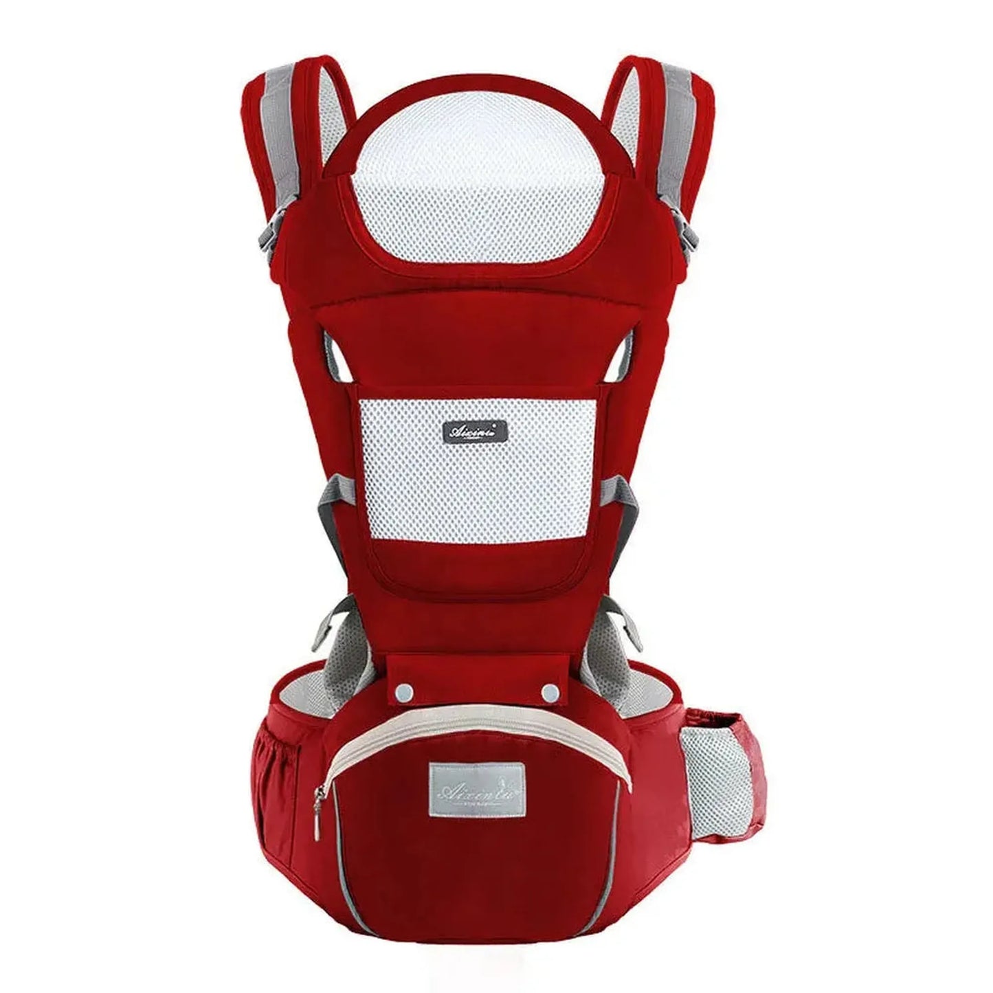 Red ergonomic baby carrier with breathable mesh, padded straps, and front storage pocket.