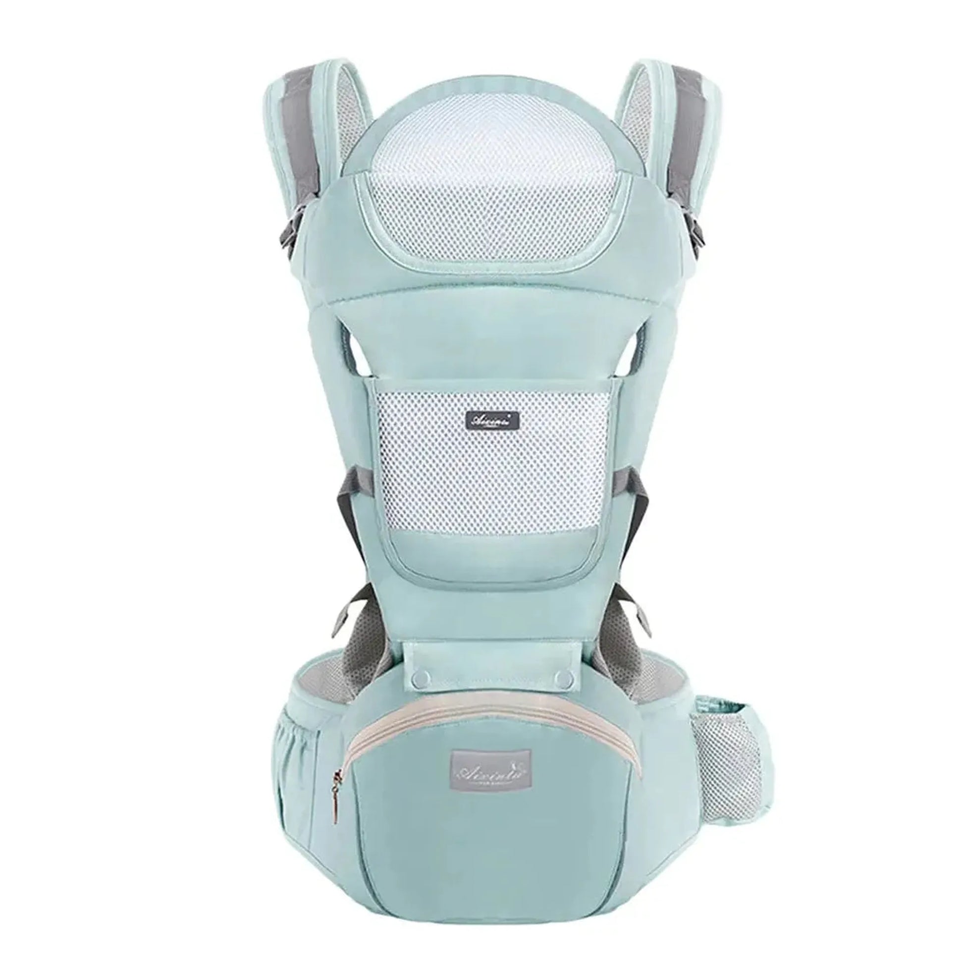Mint green ergonomic baby carrier with breathable mesh, padded straps, and a hip seat.