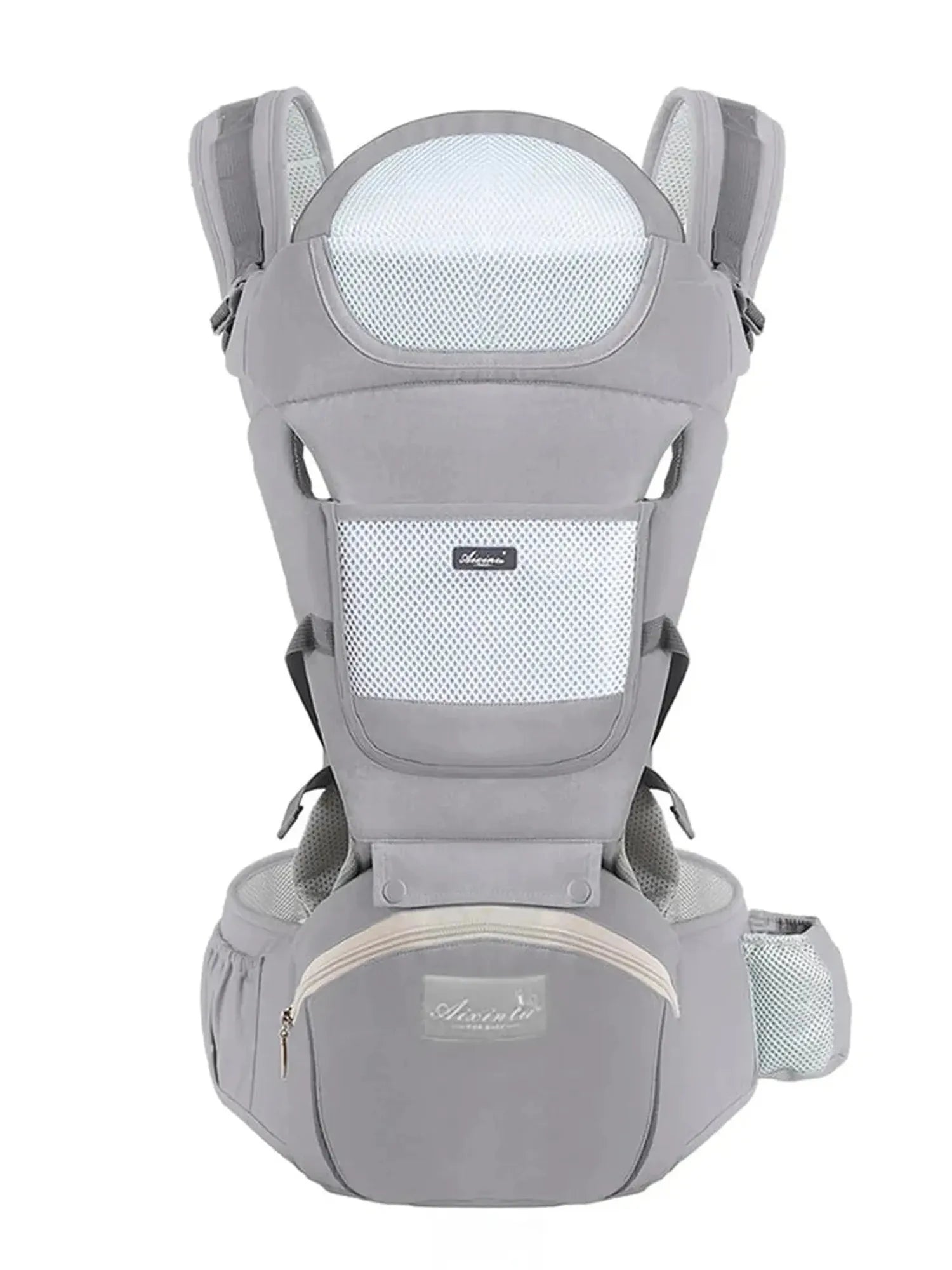 Gray ergonomic baby carrier with breathable mesh panels, padded straps, and a zippered front pocket.