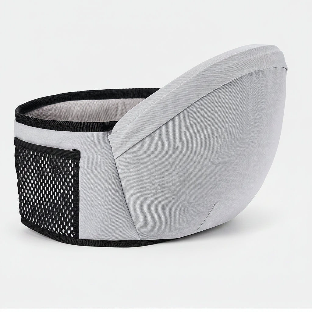 Light gray ergonomic baby hip seat carrier with black trim and mesh pocket.