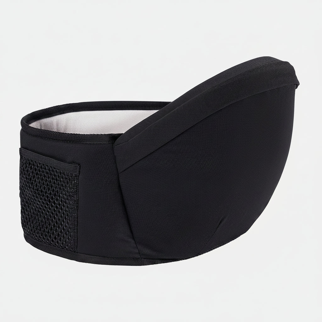 Black ergonomic baby hip seat carrier with mesh pocket and white interior lining.