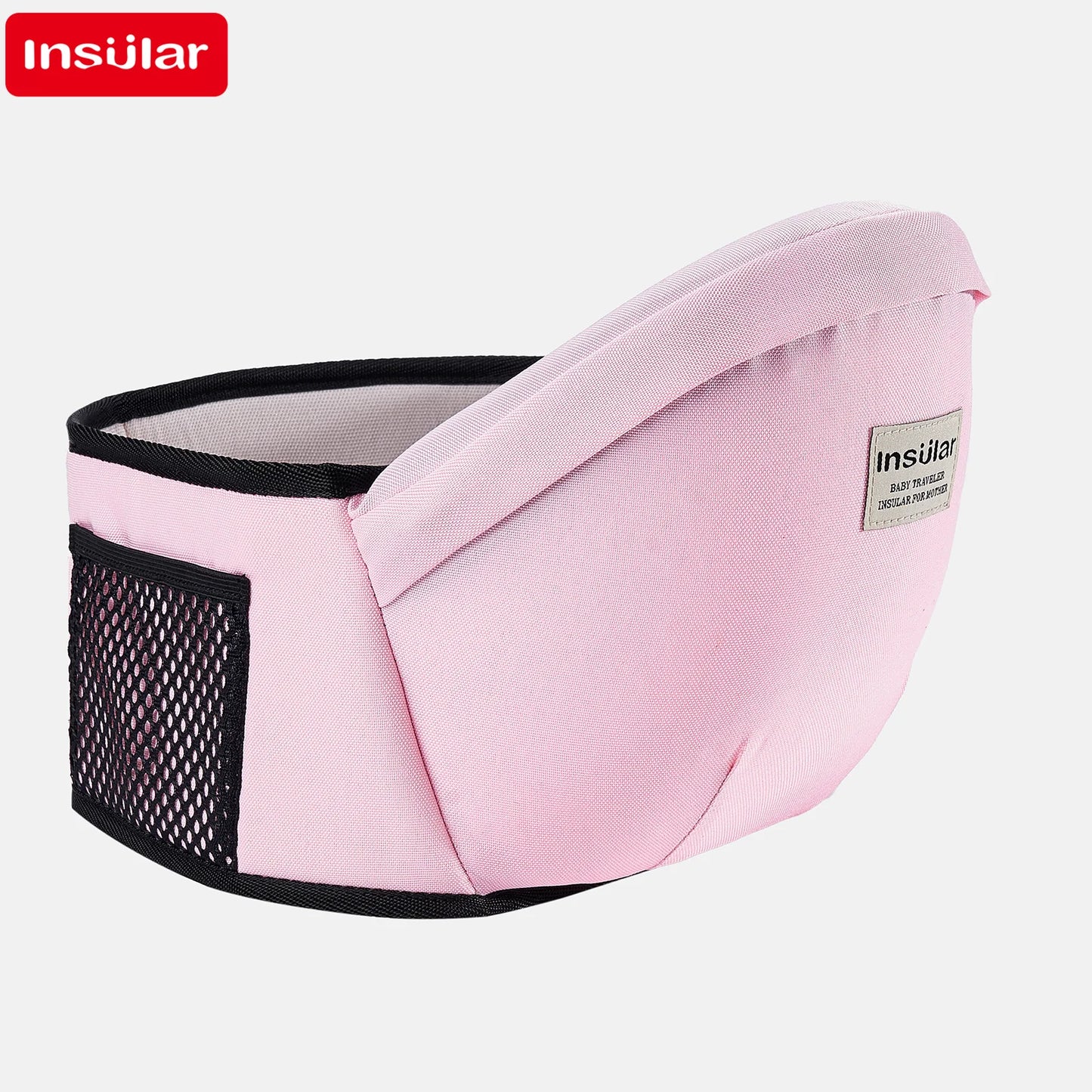 Pink ergonomic baby hip seat carrier with adjustable waist strap and mesh pocket.