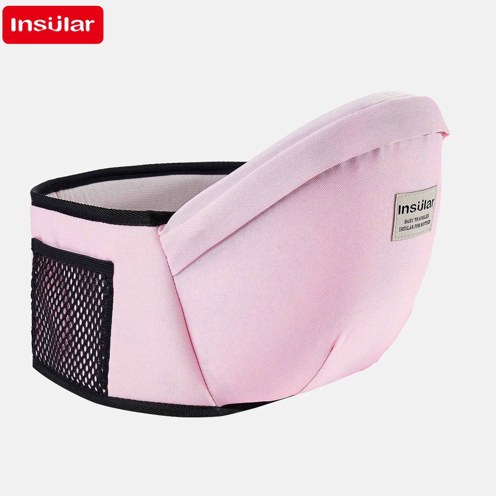 Pink ergonomic baby hip seat carrier with adjustable waist strap and mesh pocket.