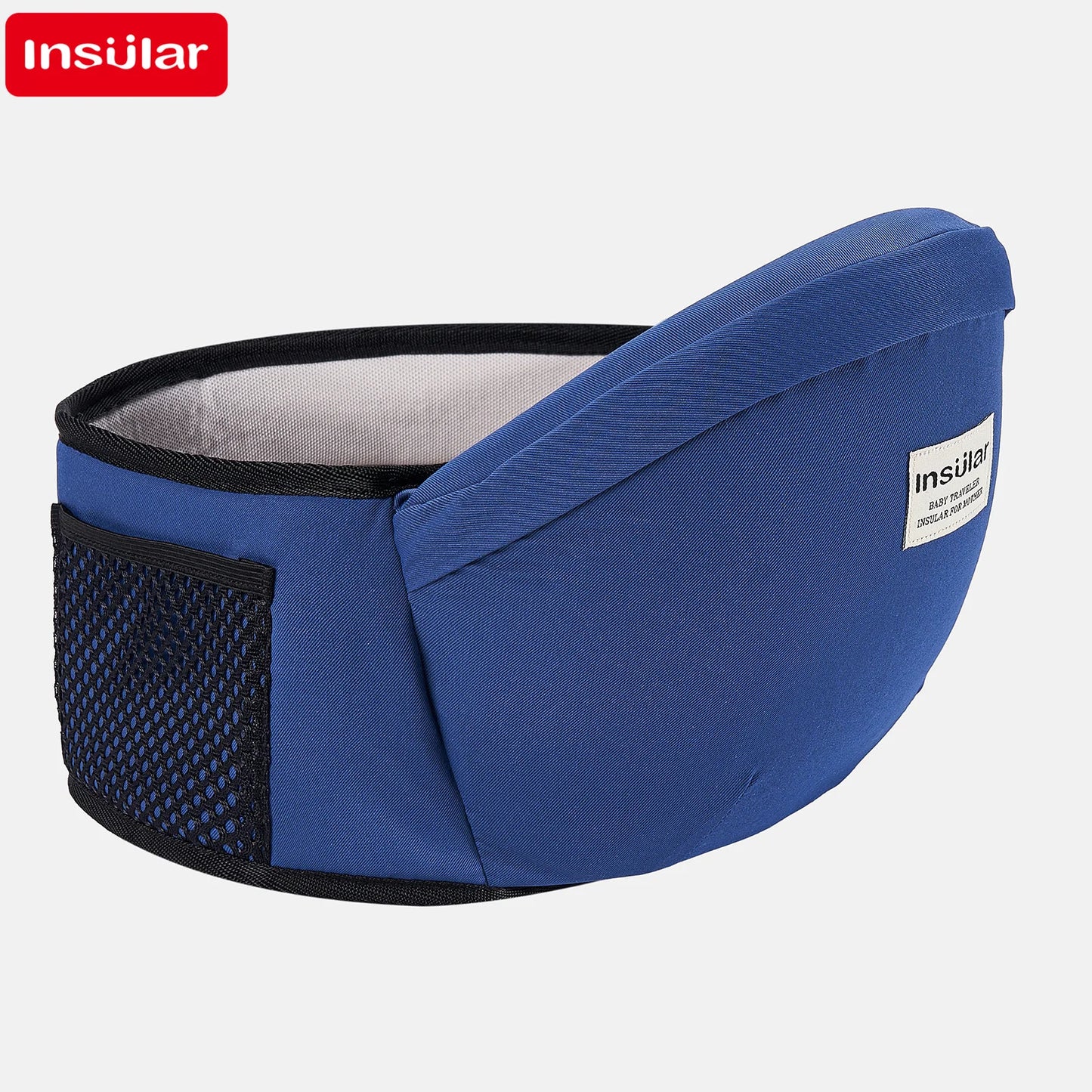 Blue ergonomic baby hip seat carrier with mesh pocket and adjustable waist support.