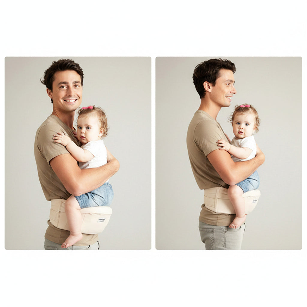 Beige ergonomic baby hip seat carrier in "Hugging" and "Kangaroo" styles, worn by a man.