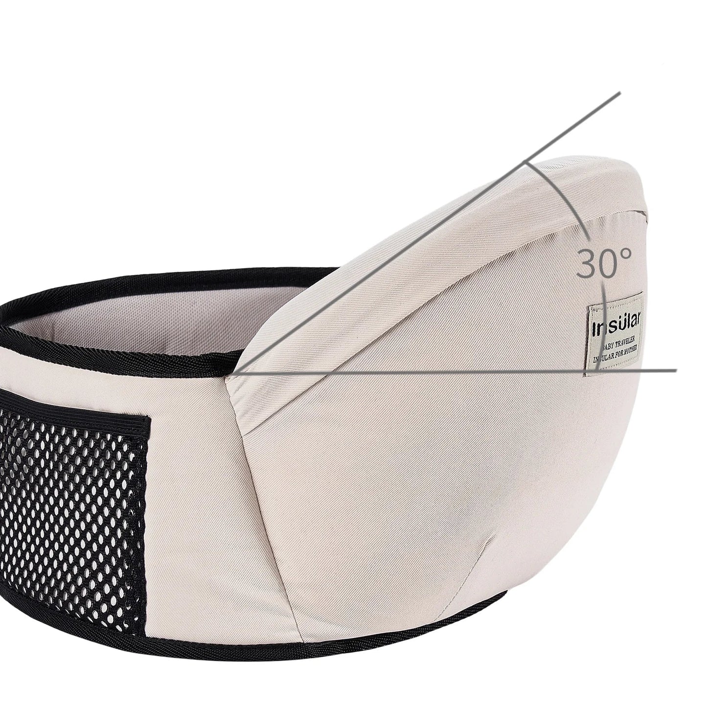 Beige ergonomic baby hip seat carrier with 30-degree incline, mesh pocket, and black trim.
