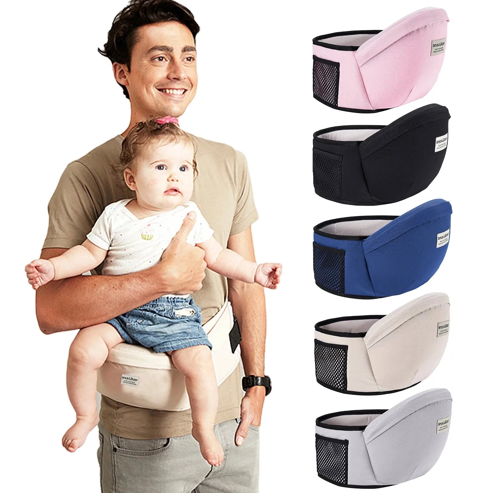 Ergonomic baby hip seat carrier in beige, with pink, black, blue, and grey color options, featuring mesh pockets.