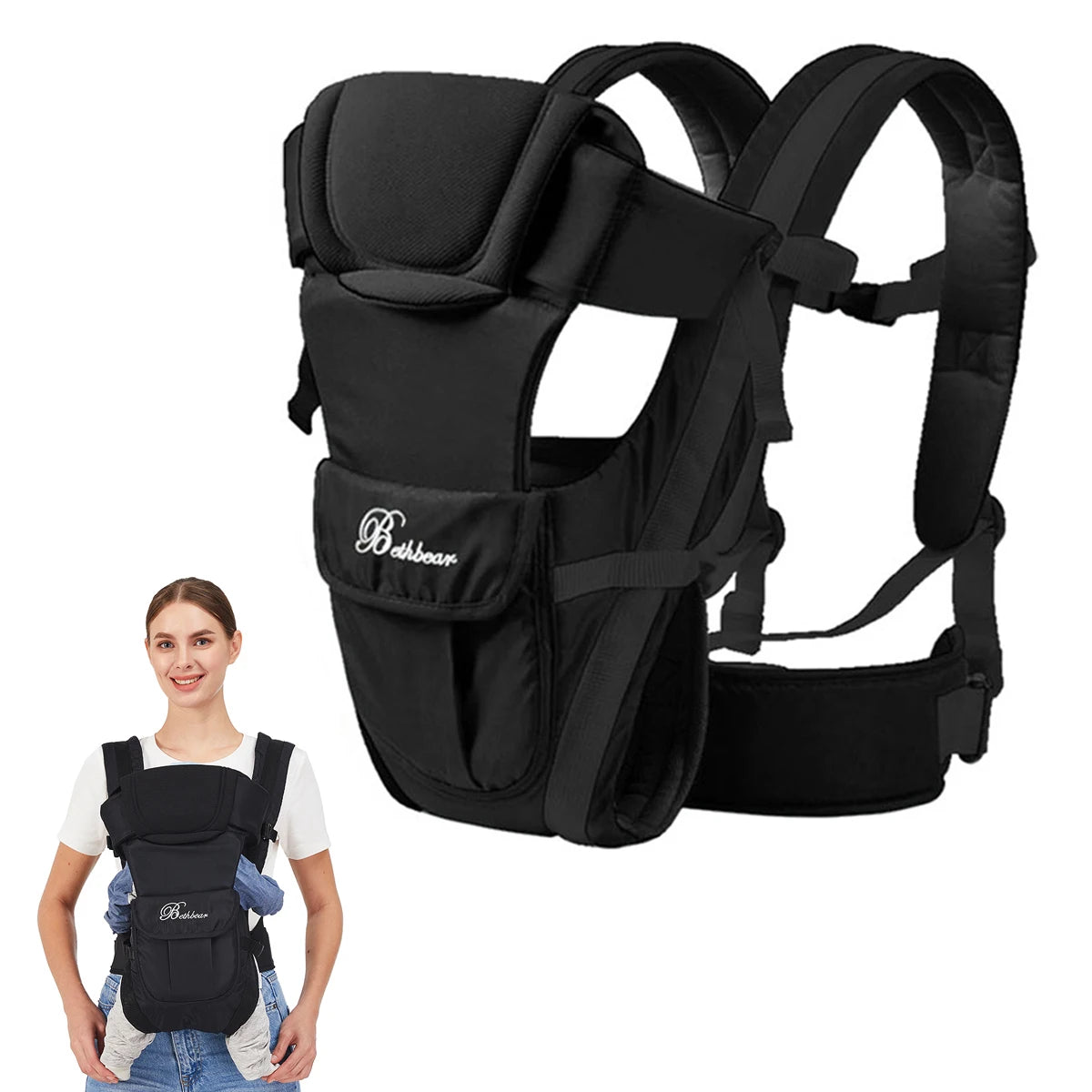 Black ergonomic 4-in-1 baby carrier with padded straps and front pocket, shown with a woman wearing it.