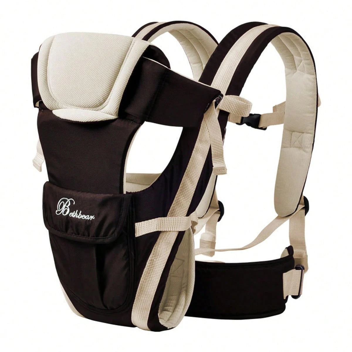 Ergonomic 4-in-1 baby carrier in brown and beige with padded straps and lumbar support.