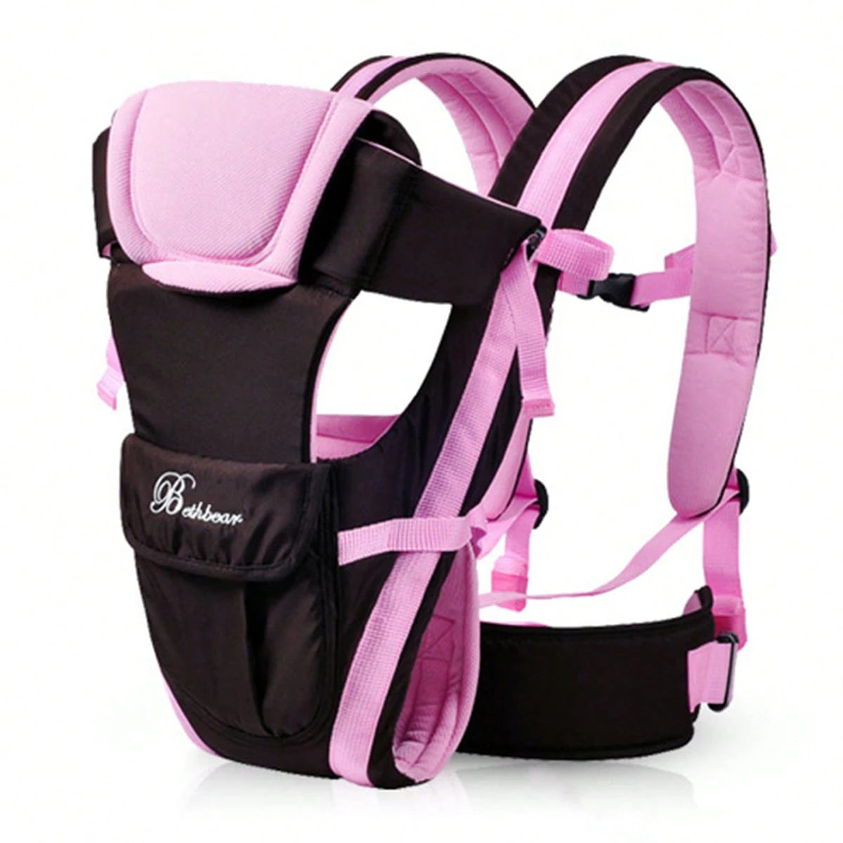 Ergonomic 4-in-1 baby carrier in black and pink breathable fabric, featuring padded straps and a front pocket.