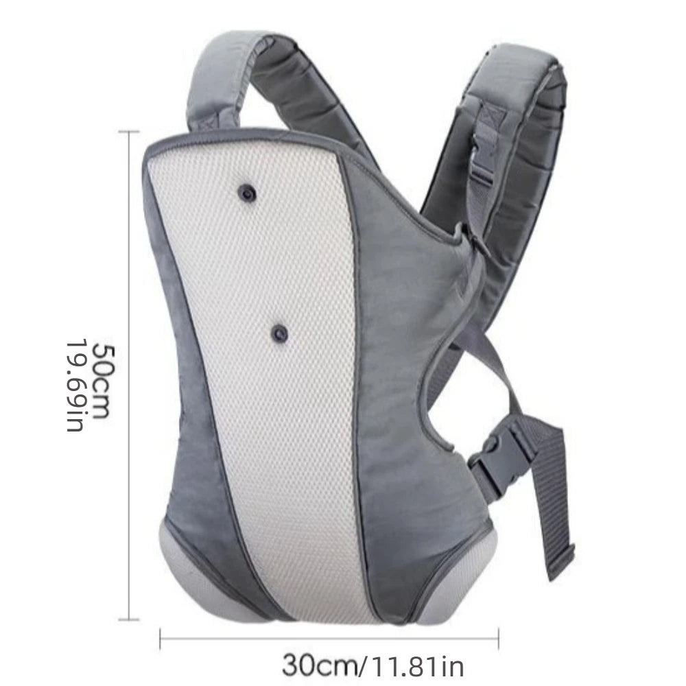 Gray ergonomic baby carrier with breathable white mesh panel and adjustable straps, 50x30cm.