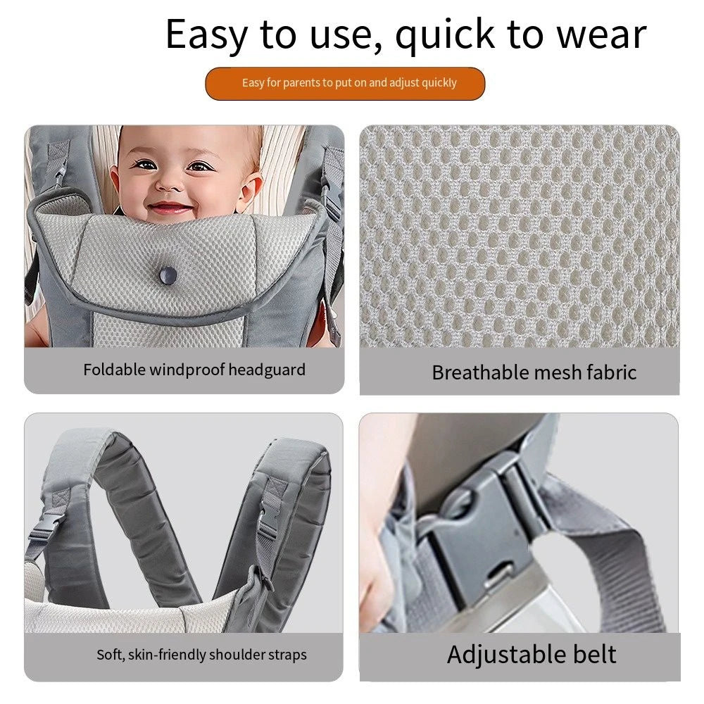 Gray ergonomic baby carrier with breathable mesh, soft shoulder straps, and adjustable belt.