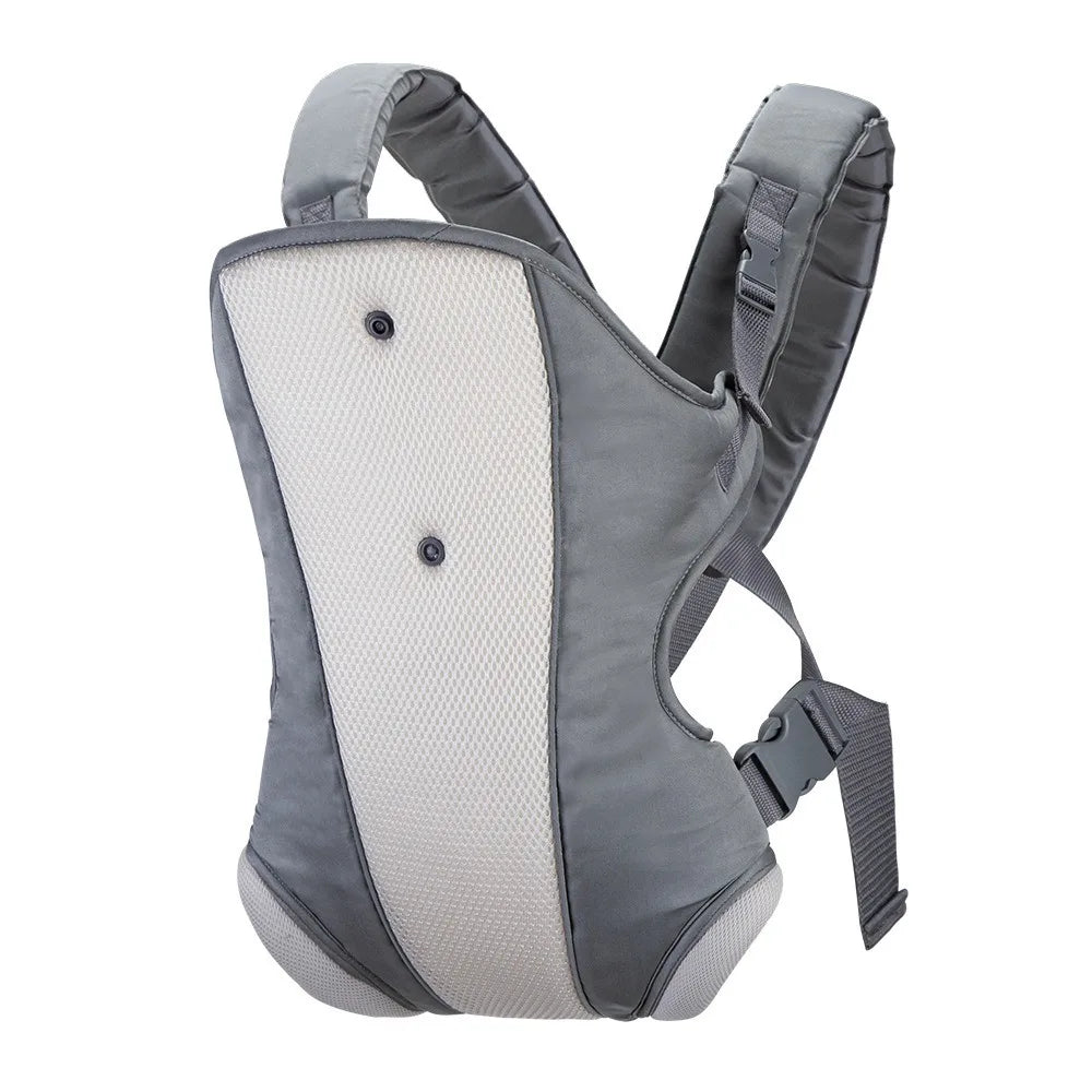 Gray ergonomic baby carrier with breathable white mesh panel and adjustable straps.