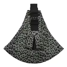 Ergonomic baby carrier with wide strap, black and gray leopard print fabric.