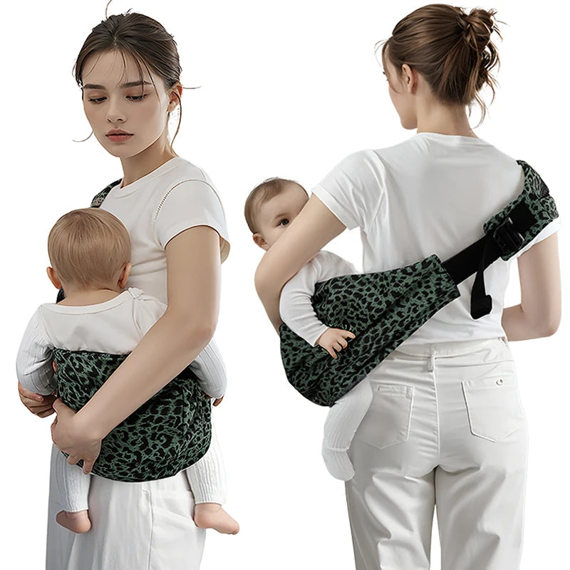 Ergonomic green leopard print baby carrier with wide shoulder strap, shown front and back.