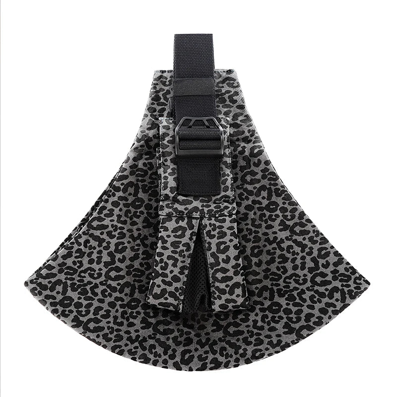 Ergonomic baby carrier with wide strap, gray leopard print, and black buckle.