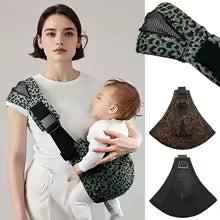 Ergonomic leopard print baby carrier with wide shoulder strap, shown on a woman with a baby and close-ups of fabric options.