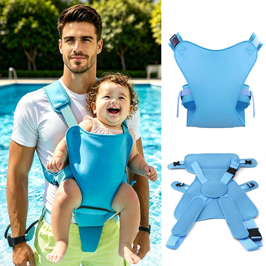 Man and baby in a light blue ergonomic carrier by a pool, with close-ups of the carrier's design.