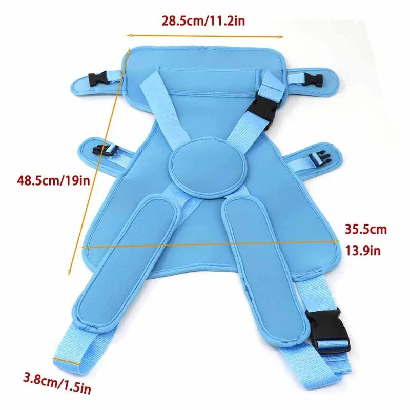 Light blue ergonomic baby carrier with adjustable straps and buckles, showing dimensions.