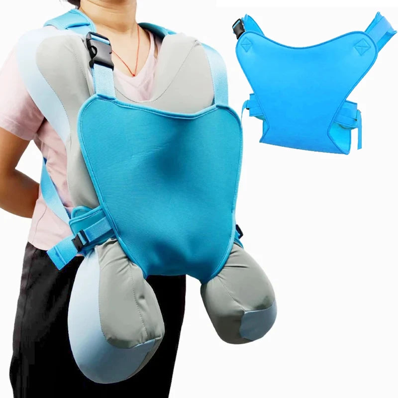 Ergonomic blue and gray breathable baby carrier worn by a person, with a separate blue carrier insert.