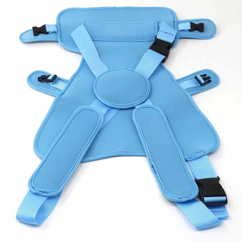 Light blue ergonomic baby carrier with breathable fabric, adjustable straps, and black buckles.