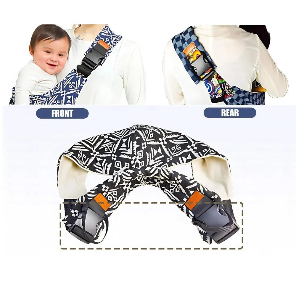 Adjustable black and white patterned cotton baby carrier with front and rear buckles, shown worn and flat.