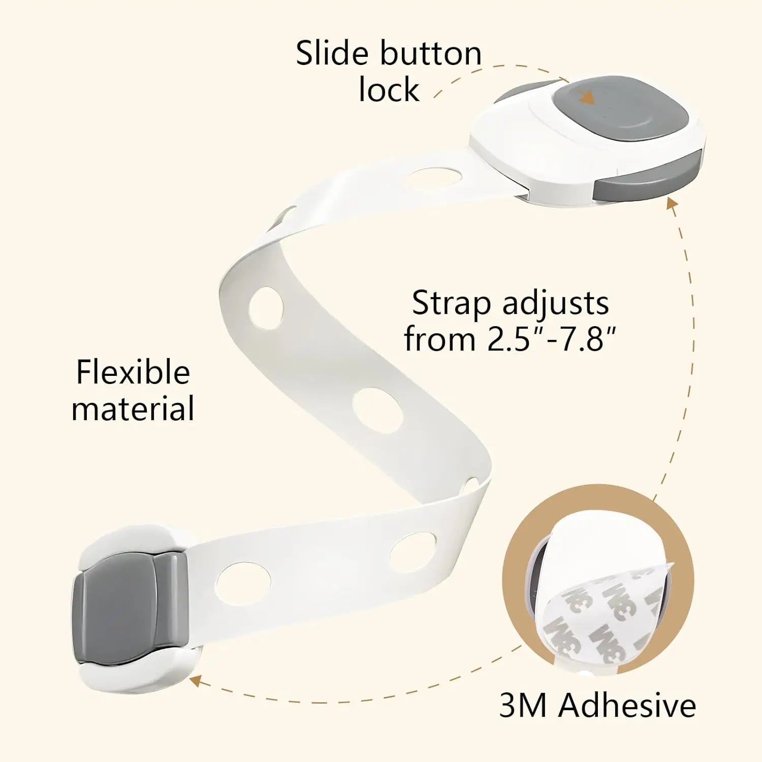 White flexible toilet seat lock with gray slide button, adjustable strap, and 3M adhesive.