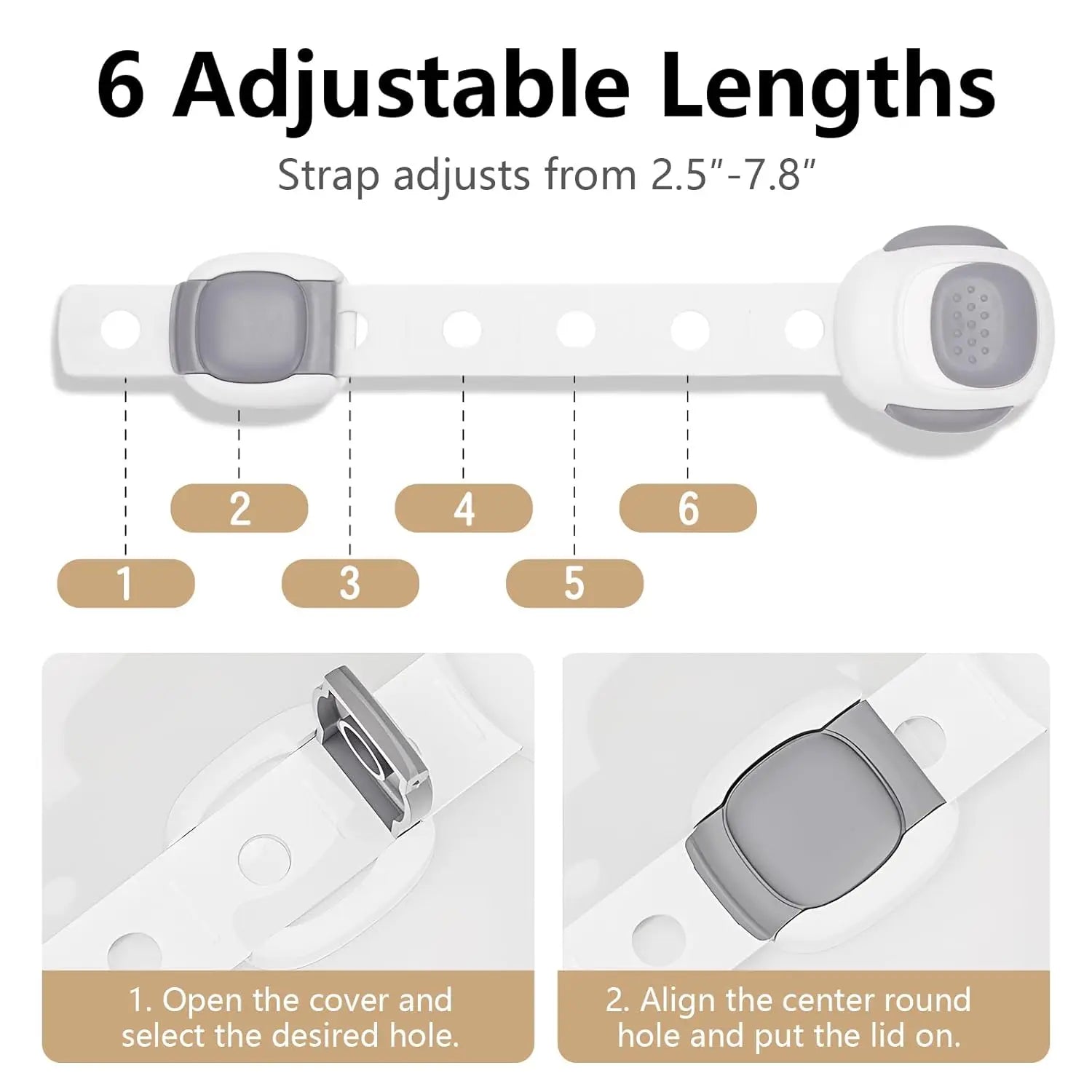White plastic toilet seat lock with adjustable strap, gray accents, showing 6 length options and installation steps.