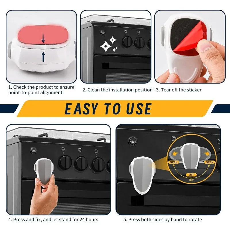 Gray child safety lock for ovens and cabinets, shown with easy installation steps.