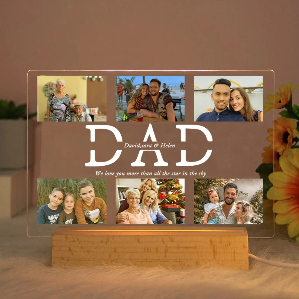 Personalized acrylic LED night light with "DAD" text, custom photos, and a warm wooden base.