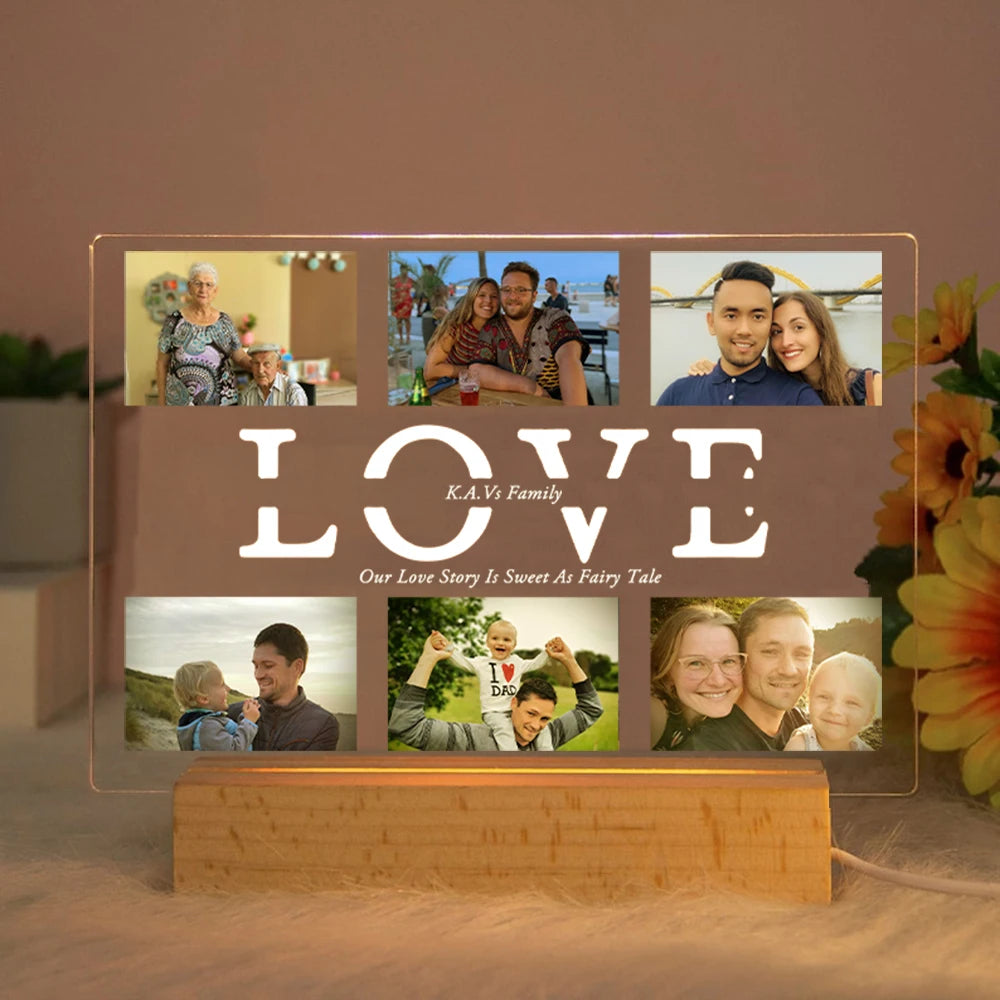 Personalized acrylic LED night light with "LOVE" text, custom photos, and a wooden base.