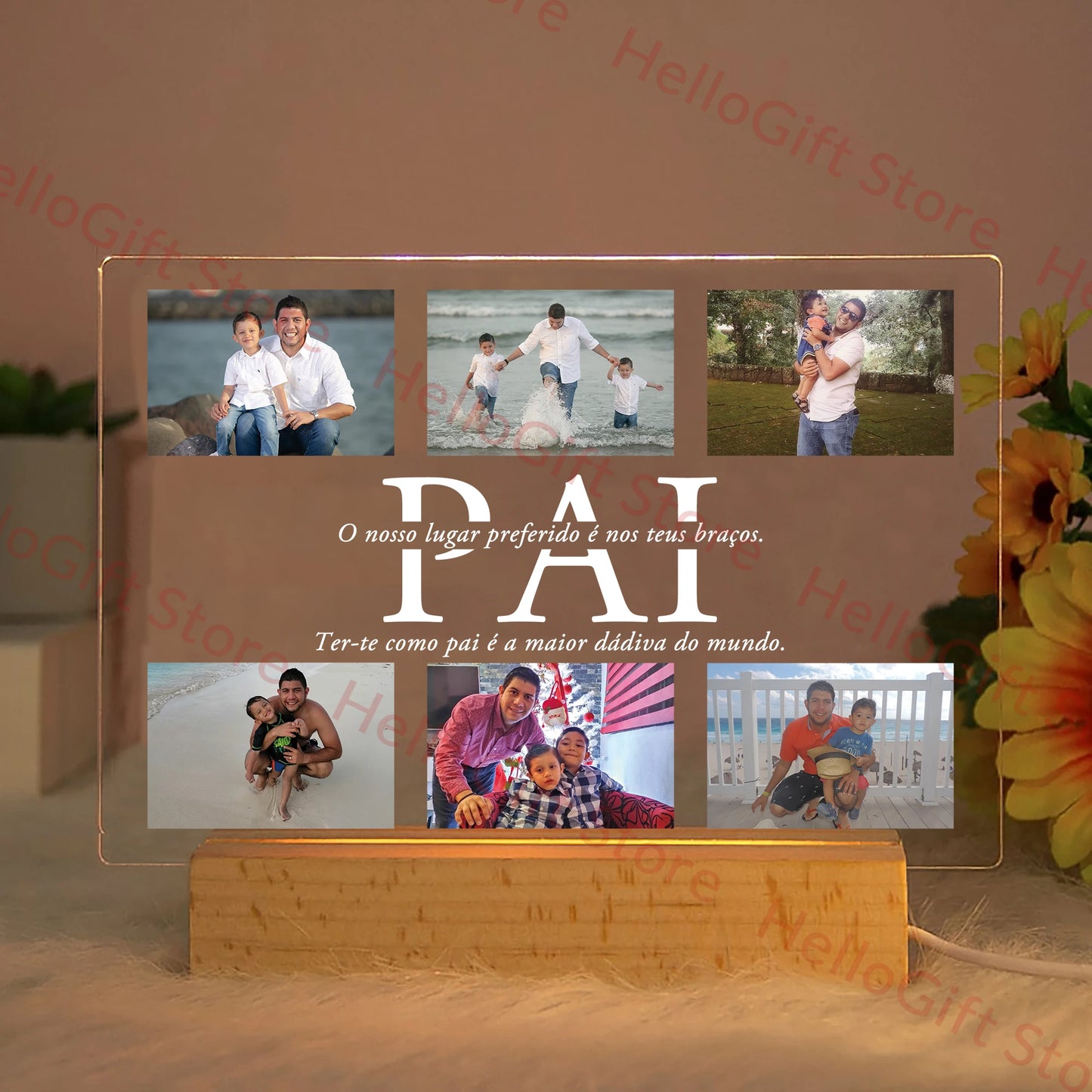 Custom acrylic LED night light with five family photos, "PAI" text, and a warm wooden base.