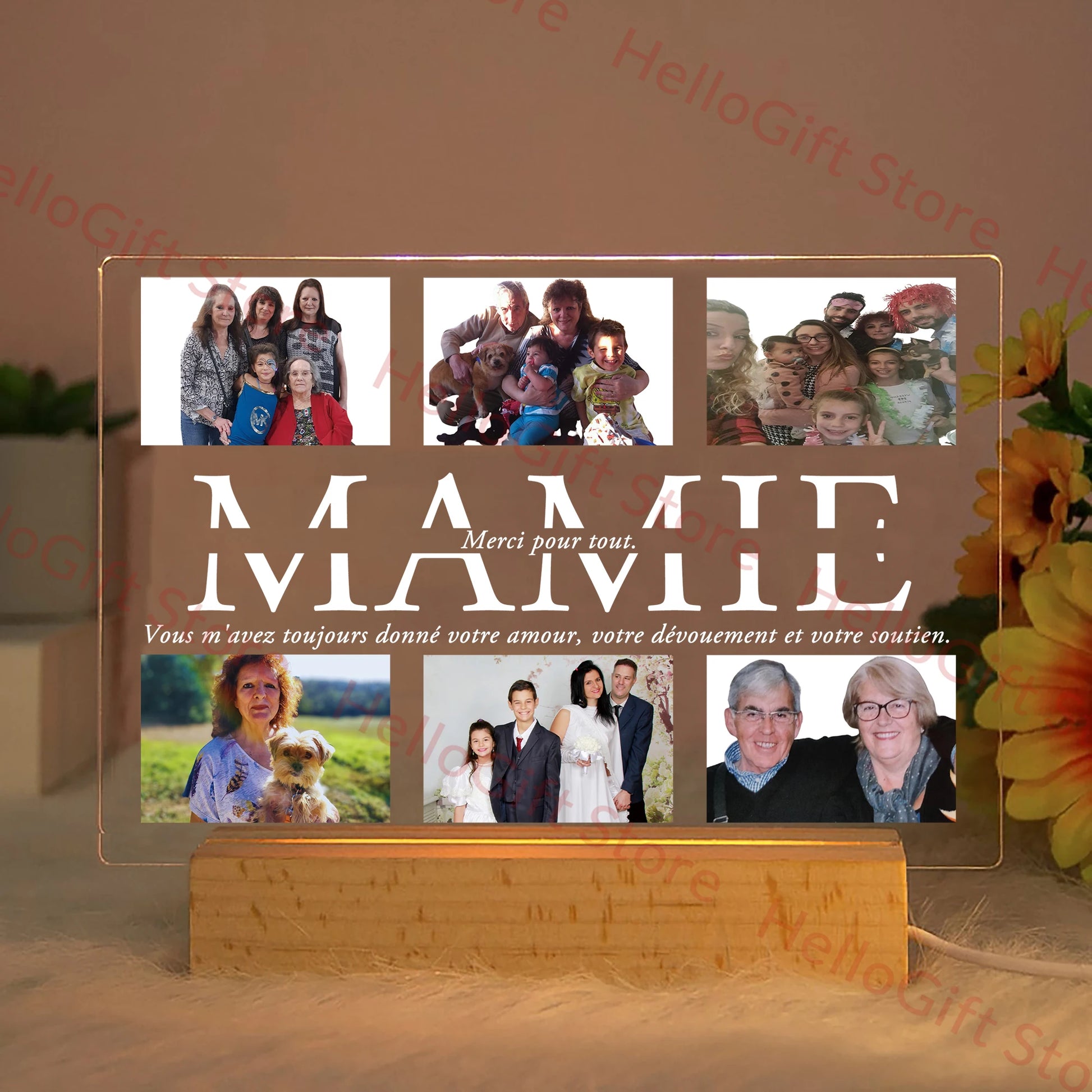 Personalized acrylic LED night light with custom photos, "MAMIE" text, and a wooden base.