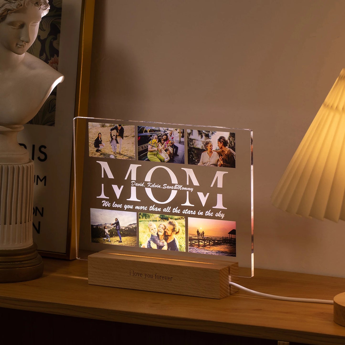 Personalized acrylic LED night light with "MOM" text, custom photos, and a wooden base.