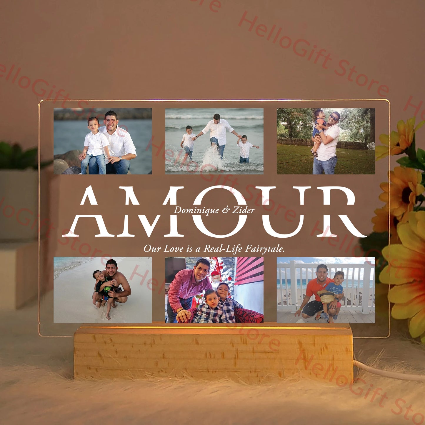 Custom acrylic LED night light with six family photos, "AMOUR" text, and a wooden base.