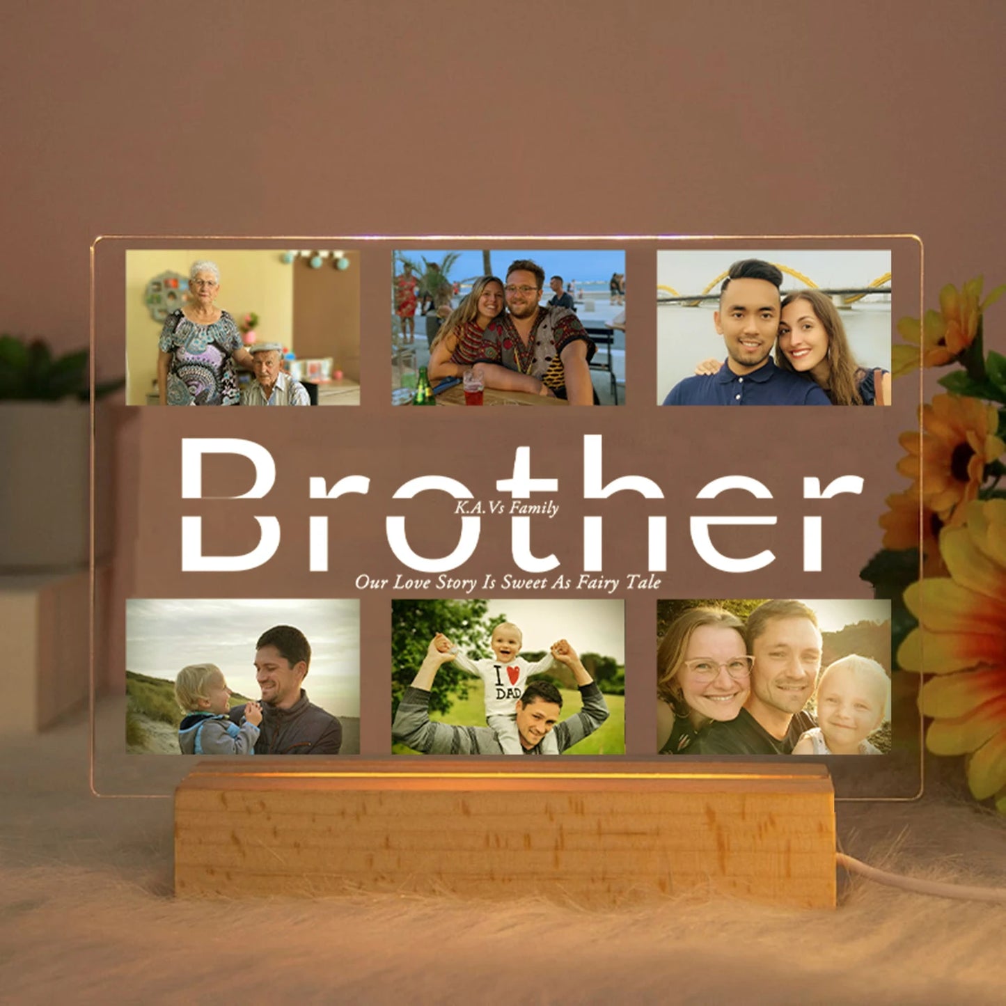 Personalized acrylic LED night light with "Brother" text, family photos, and a warm wooden base.