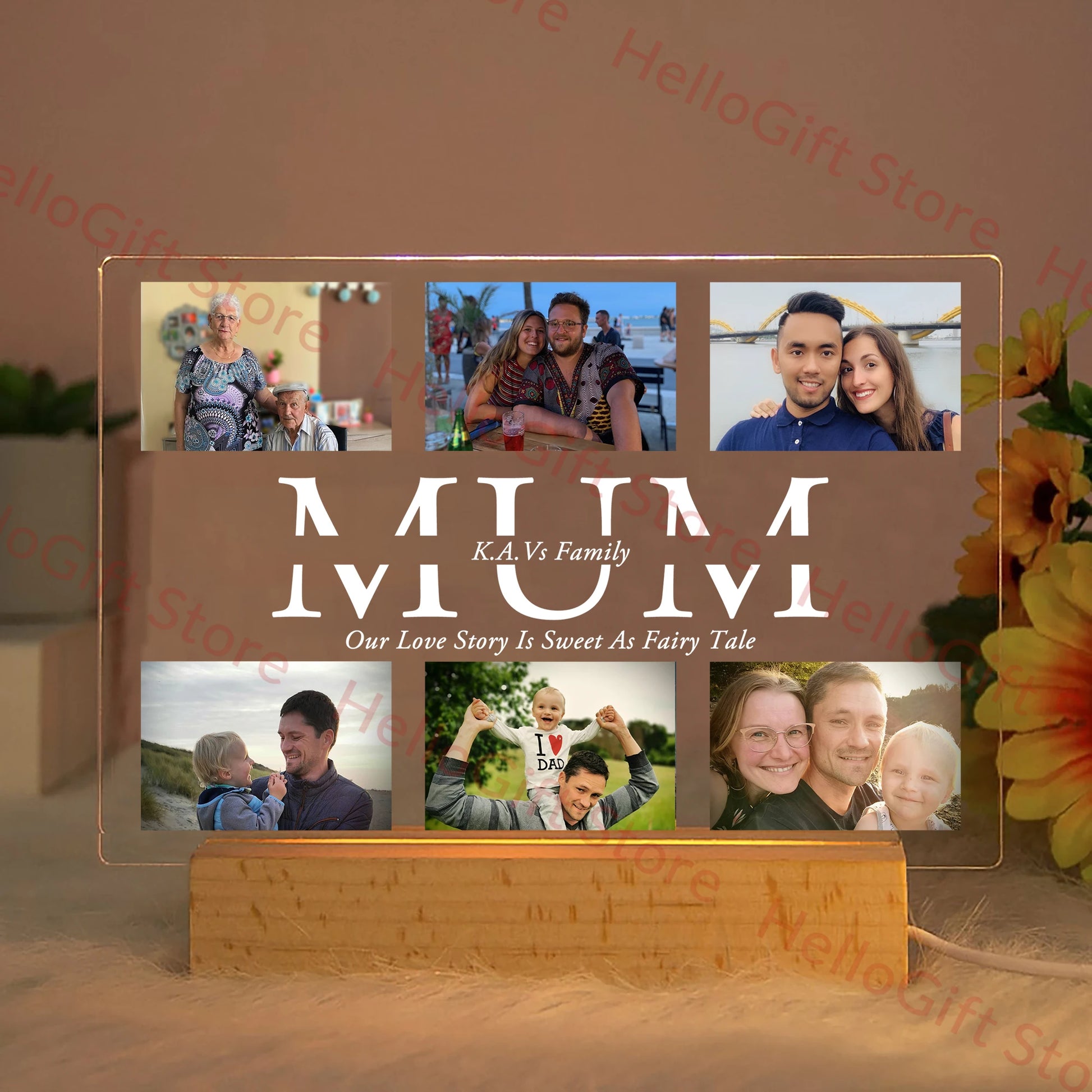 Personalized acrylic LED night light with custom photos, "MUM" text, and a wooden base.