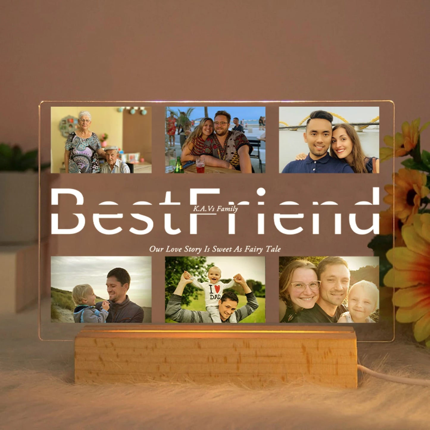 Personalized acrylic LED night light with "Best Friend" text, six custom photos, and a warm wooden base.