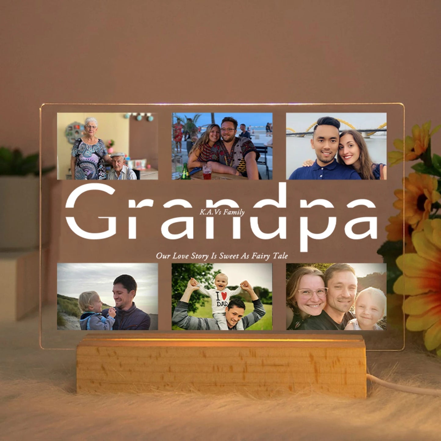 Personalized acrylic LED night light with "Grandpa" text, custom photos, and a warm wooden base.