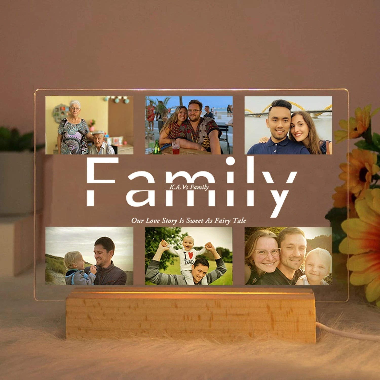 Personalized acrylic LED night light with "Family" text, six custom photos, and a warm wooden base.