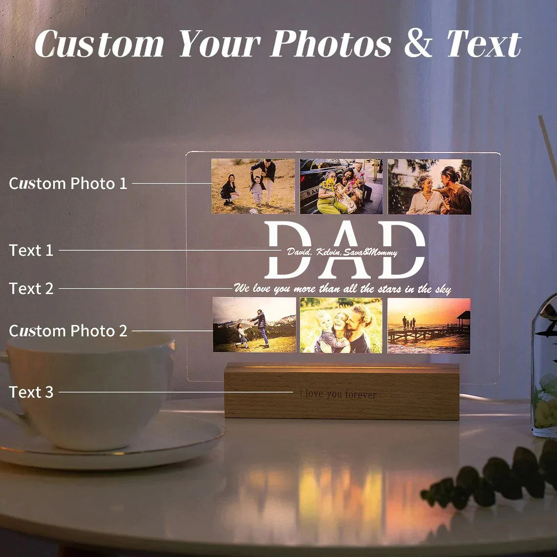 Personalized acrylic LED night light with custom photos and "DAD" text on a wooden base.