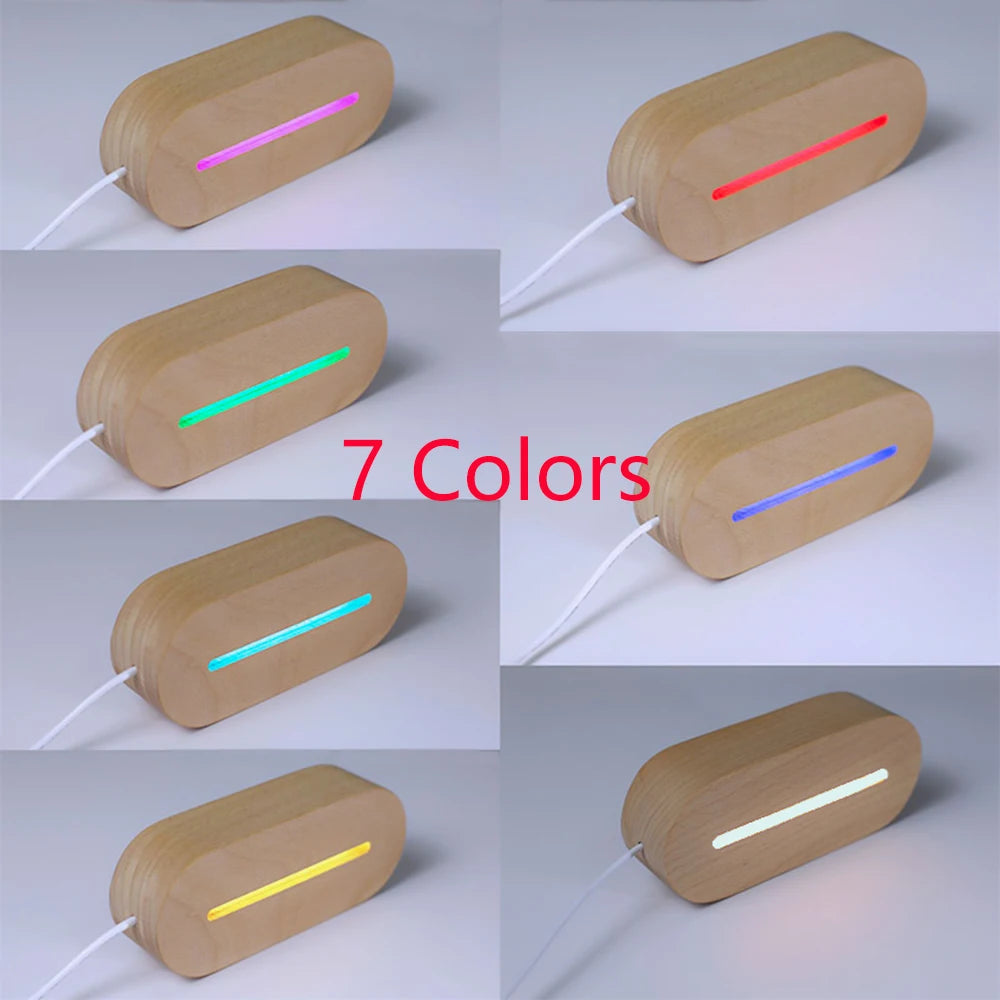 Wooden oval LED night light displaying 7 different colors, with a white USB cable.