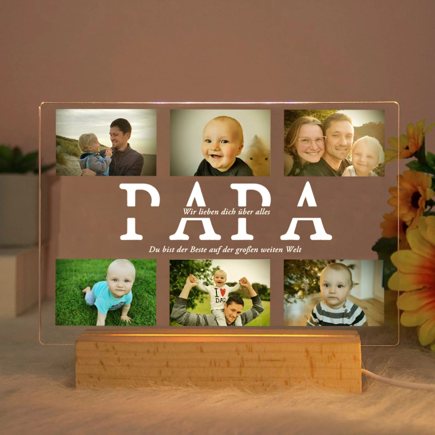 Personalized acrylic LED night light with "PAPA" text, custom photos, and a wooden base.